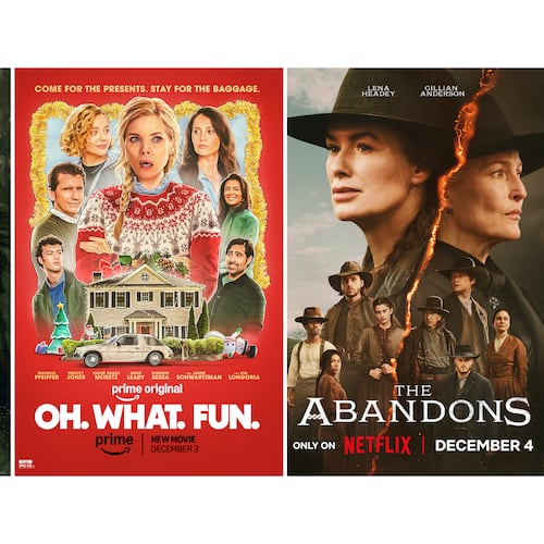 This combination of images shows promotional art for the series "Spartacus: House of Ashur," left, the film "Oh. What. Fun.," center, and the series "The Abandons." (Starz/Prime/Netflix via AP)