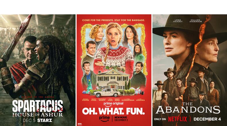 This combination of images shows promotional art for the series "Spartacus: House of Ashur," left, the film "Oh. What. Fun.," center, and the series "The Abandons." (Starz/Prime/Netflix via AP)
