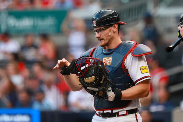 Braves catcher Sean Murphy prepares to start their game against the Mets on Monday, Aug. 10, 2026, at Truist Park in Atlanta. It wasn’t until Aug. 3 that he was reinstated to the team. (Jason Getz/AJC)