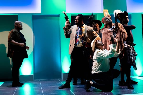 Eddie Weaver as Usher (from left), Javar La’Trail Parker as Thought 6, Barry Westmoreland (foreground) as Thought 5, Chris McKnight (rear) as Thought 3, Clinton Harris as Thought 2 and Jonathan Bryant as Thought 4. (Courtesy of Casey Gardner Ford)