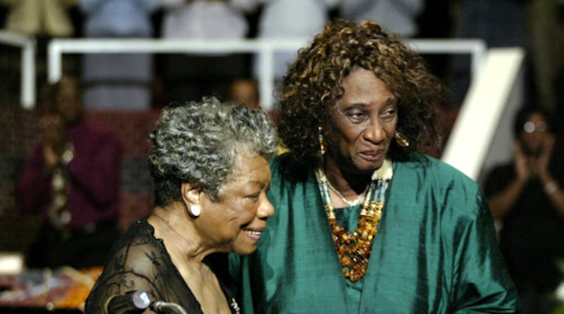 Poet Maya Angelou (left) receives a hug from the Rev. Barbara L. King on Sunday at Hillside International Truth Center in Atlanta in this 2007 file photo. The occasion was the 36th anniversary of the center, which was founded by King. King died Sunday at her home after an illness. She was 90.
