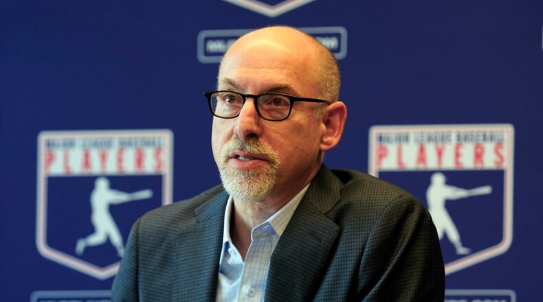 FILE - Attorney Bruce Meyer, the current interim executive director of the Major League Baseball Players Association, speaks at a news conference in New York, March 11, 2022. (AP Photo/Richard Drew, File)
