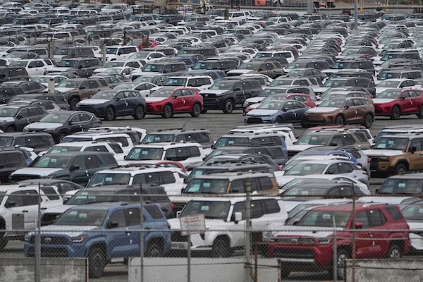 FILE - New Toyota vehicles are stored at the Toyota Logistics Service Inc., their most significant vehicle imports processing facility in North America, at the Port of Long Beach in Long Beach, Calif., Wednesday, March 26, 2025. (AP Photo/Damian Dovarganes)