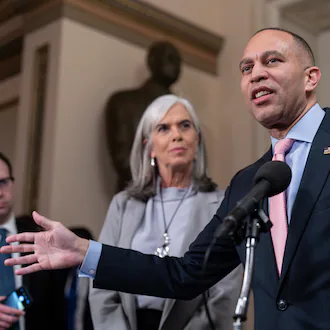 House Minority Leader Hakeem Jeffries, D-N.Y., (right) is joined by Rep. Katherine Clark, D-Mass., in speaking to reporters after the U.S. House of Representatives passed legislation that extends expired health care subsidies for those who get coverage through the Affordable Care Act on Thursday, Jan. 8, 2026, at the Capitol in Washington. (J. Scott Applewhite/AP)