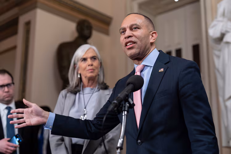 House Minority Leader Hakeem Jeffries, D-N.Y., (right) is joined by Rep. Katherine Clark, D-Mass., in speaking to reporters after the U.S. House of Representatives passed legislation that extends expired health care subsidies for those who get coverage through the Affordable Care Act on Thursday, Jan. 8, 2026, at the Capitol in Washington. (J. Scott Applewhite/AP)