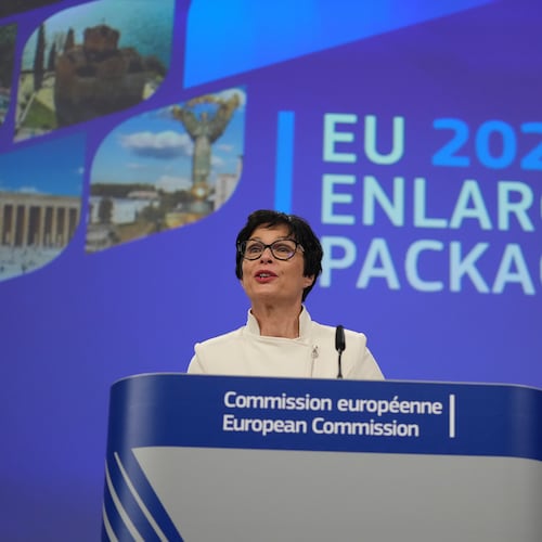European Commissioner for Enlargement Marta Kos addresses a media conference at EU headquarters in Brussels, Belgium, Tuesday, Nov. 4, 2025. (AP Photo/Virginia Mayo)