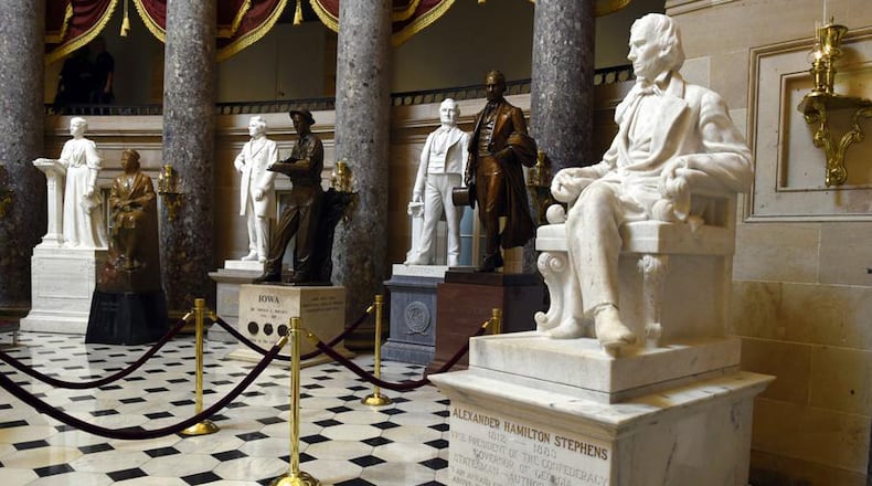 Statue of Alexander "Aleck" Stephens in the U.S. Capitol's Statuary Hall. Each state sends two statues to be exhibited in the hall; Georgia chose to send Stephens in 1927. It also sent Crawford W. Long, the pioneering physician.