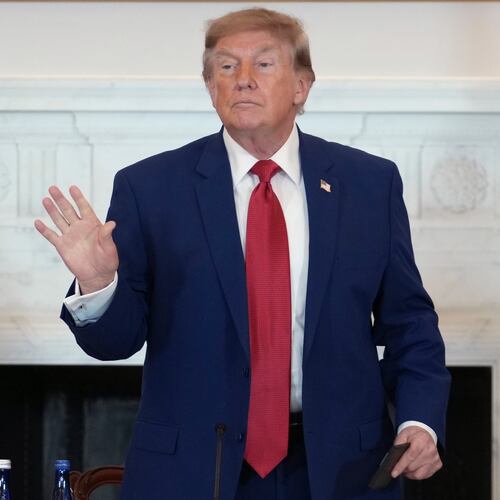 President Donald Trump departs after speaking at a roundtable on American mining, Friday, Aug. 7, 2026, at the State Department in Washington. (AP Photo/Allison Robbert)