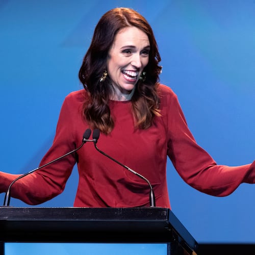 FILE - New Zealand Prime Minister Jacinda Ardern gestures as she gives her victory speech to Labour Party members at an event in Auckland, New Zealand, Oct. 17, 2020. (AP Photo/Mark Baker, File)