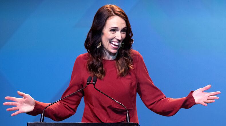 FILE - New Zealand Prime Minister Jacinda Ardern gestures as she gives her victory speech to Labour Party members at an event in Auckland, New Zealand, Oct. 17, 2020. (AP Photo/Mark Baker, File)