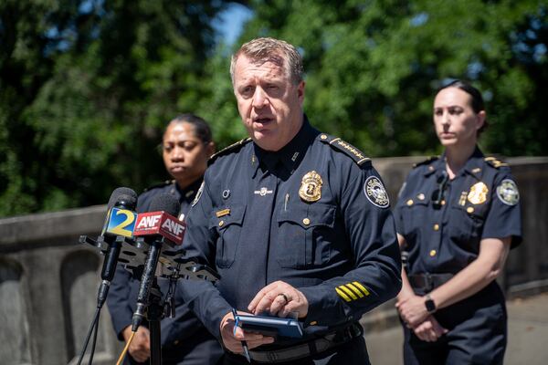 Atlanta Police Chief Darin Schierbaum asks for the public's assistance in locating a homicide suspect after a fatal stabbing on the Beltline near Montgomery Ferry Drive on Thursday, May 14, 2026. (Ben Hendren for the AJC)