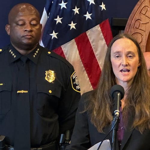 Seattle Mayor Katie Wilson holds a news conference to introduce Andre Sayles as interim police chief on Friday, July 31, 2026 in Seattle. (AP Photo/Manuel Valdes)