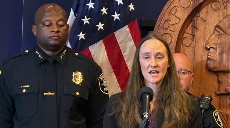 Seattle Mayor Katie Wilson holds a news conference to introduce Andre Sayles as interim police chief on Friday, July 31, 2026 in Seattle. (AP Photo/Manuel Valdes)