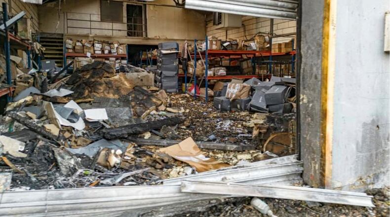 FILE - This 2024 photo provided by the Metropolitan Police shows damage to a warehouse in east London that was storing goods for Ukraine, after a fire that prosecutors said was organized on behalf of Russia's intelligence services. (London Metropolitan Police via AP, File)