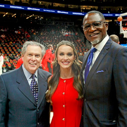 The FanDuel Sports TV broadcast crew for the Hawks includes Bob Rathbun (from left), Madison Hock and Dominique Wilkins. The NBA’s newest broadcast rights deal moves postseason games exclusively to its national broadcast partners. (Courtesy of FanDuel Sports Network)