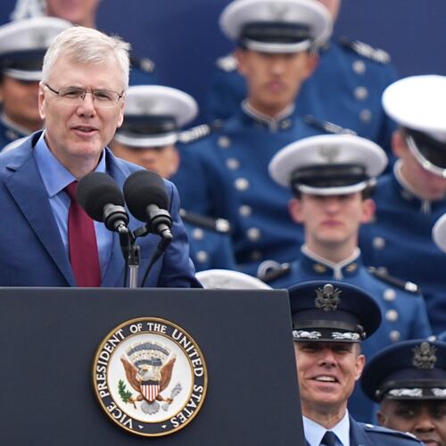 FILE - Secretary of the Air Force Troy Meink speaks during the United States Air Force Academy Graduation Ceremony at Falcon Stadium, Thursday, May 28, 2026, at the United States Air Force Academy in Colorado Springs, Colo. (AP Photo/Matt Rourke, Pool, File)