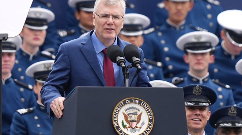 FILE - Secretary of the Air Force Troy Meink speaks during the United States Air Force Academy Graduation Ceremony at Falcon Stadium, Thursday, May 28, 2026, at the United States Air Force Academy in Colorado Springs, Colo. (AP Photo/Matt Rourke, Pool, File)