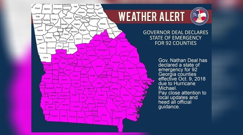 A map shows the areas under a state of emergency in advance of Hurricane Michael. (Credit: Georgia Emergency Management Agency)