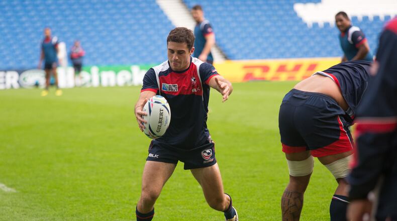 Mike Petri, a scrum-half with the United States national rugby team, in Brighton, England, Sept. 18, 2015. Petri — a new father and high school teacher besides his role as a key cog for the Eagles, as the team is known — has written “R Is for Rugby,” a children’s book about the culture and tactics of the game. (Luke Wolagiewicz/The New York Times)