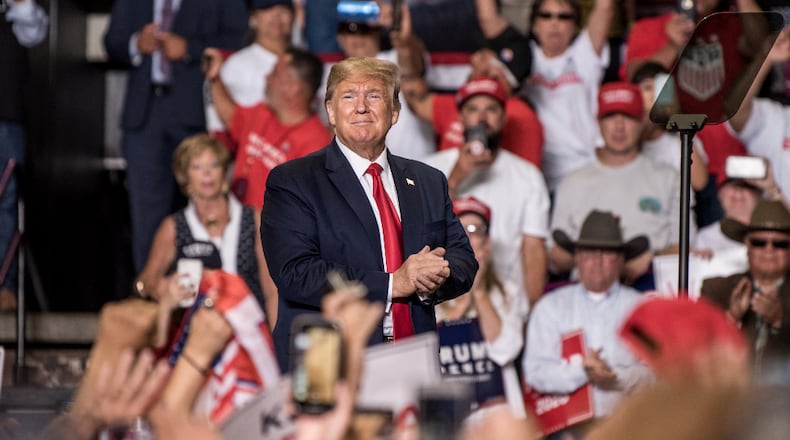 President Donald J. Trump enters his Keep America Great Rally on September 16, 2019 at the Santa Ana Star Center in Rio Rancho, New Mexico. The rally marks President Trump's first trip to New Mexico as president and the start of his three-day trip to the western U.S. states. (Photo by Cengiz Yar/Getty Images)