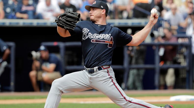 Braves starting pitcher Scott Kazmir delivers against the New York Yankees, in Tampa, Fla., on March 2, 2018. (AP Photo/Lynne Sladky, File)