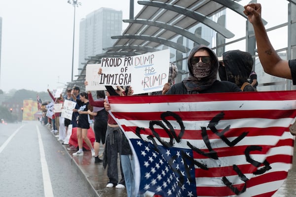 A scene from the 17th Street bridge in Atlanta during the June No Kings protests.  