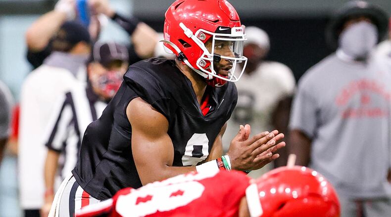 Georgia quarterback Jamie Newman (9) during the Bulldogs’ practice in Athens, Ga., on Wed., Aug. 26, 2020. (Photo by Chamberlain Smith)