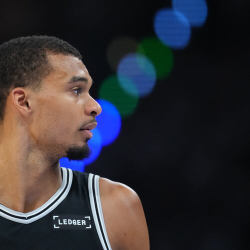 San Antonio Spurs forward Victor Wembanyama (1) moves on the court against the Oklahoma City Thunder in the second half of Game 5 in the Western Conference finals NBA basketball playoffs series, Tuesday, May 26, 2026, in Oklahoma City. (AP Photo/Julio Cortez)