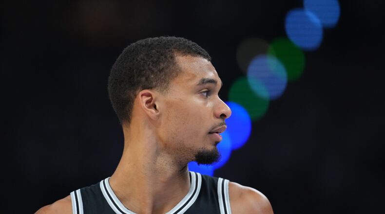 San Antonio Spurs forward Victor Wembanyama (1) moves on the court against the Oklahoma City Thunder in the second half of Game 5 in the Western Conference finals NBA basketball playoffs series, Tuesday, May 26, 2026, in Oklahoma City. (AP Photo/Julio Cortez)
