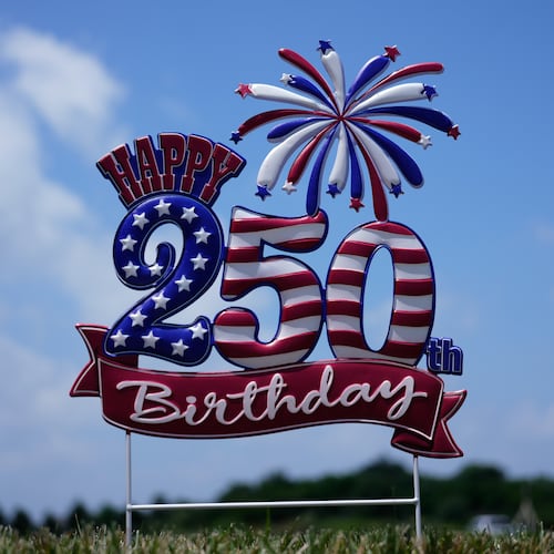 A "Happy 250th Birthday" signs seen near the entrance at Lucky Patriot Fireworks in Batavia, Ohio, Tuesday, June 30, 2026. (AP Photo/Carolyn Kaster)