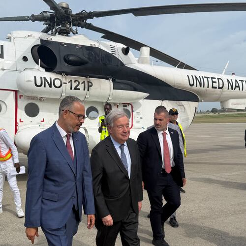 Haitian Prime Minister Alix Didier Fils-Aimé, front center, walks with U.N. Secretary-General Antonio Guterres as Guterres arrives to Port-au-Prince, Haiti, Tuesday, June 16, 2026. (AP Photo/Danica Coto)