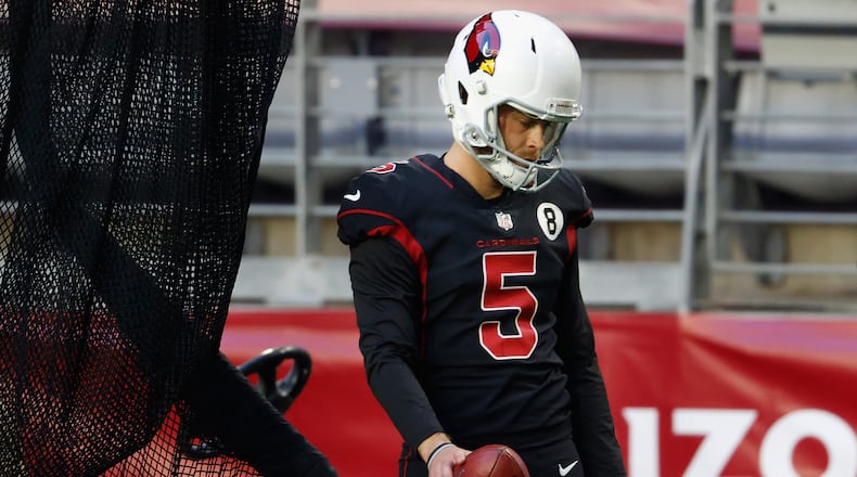 Zane Gonzalez — warming up on the sideline while playing for Arizona in 2020 — comes to the Falcons after stints with the Browns, Cardinals, Panthers and Commanders. Gonzalez replaces Parker Romo, who was cut Tuesday after missing a key point-after attempt in a 24-23 loss to the Patriots on Sunday. (Christian Petersen/TNS 2020)