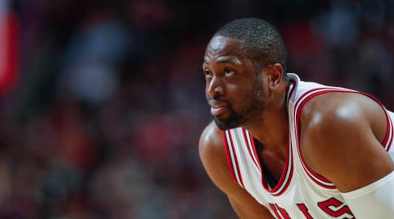 Chicago Bulls guard Dwyane Wade looks on during the second half of an NBA basketball game against the Atlanta Hawks, Wednesday, Jan. 25, 2017, in Chicago. The Hawks won 119-114. (AP Photo/Kamil Krzaczynski)