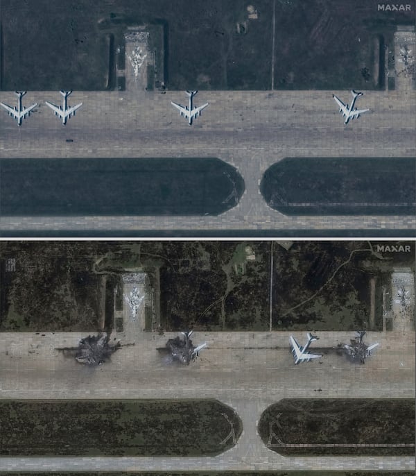 This photo combo from satellite images provided by Maxar Technologies shows from top, the Belaya Air Base before a Ukrainian drone attack in the Irkutsk region of eastern Siberia in Russia captured on May 22, 2025 and damage after a Ukrainian drone attack captured on June 4, 2025. (Maxar Technologies via AP)