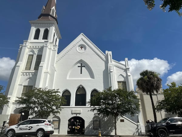 The outside of Mother Emanuel AME church church in Charleston, S.C. is seen on Tuesday, June 17, 2025 before a service to honor and remember nine church members on the 10th anniversary of the killing of nine members in a shooting by a white supremacist during Bible study. (AP Photo /Jeffrey Collins)
