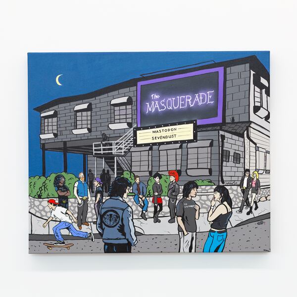 Chris Veal's "The Floors Are Shaking (Glow In the Dark)" (2026) captures the original North Avenue location of the Masquerade music club. (Courtesy of ABV Gallery)