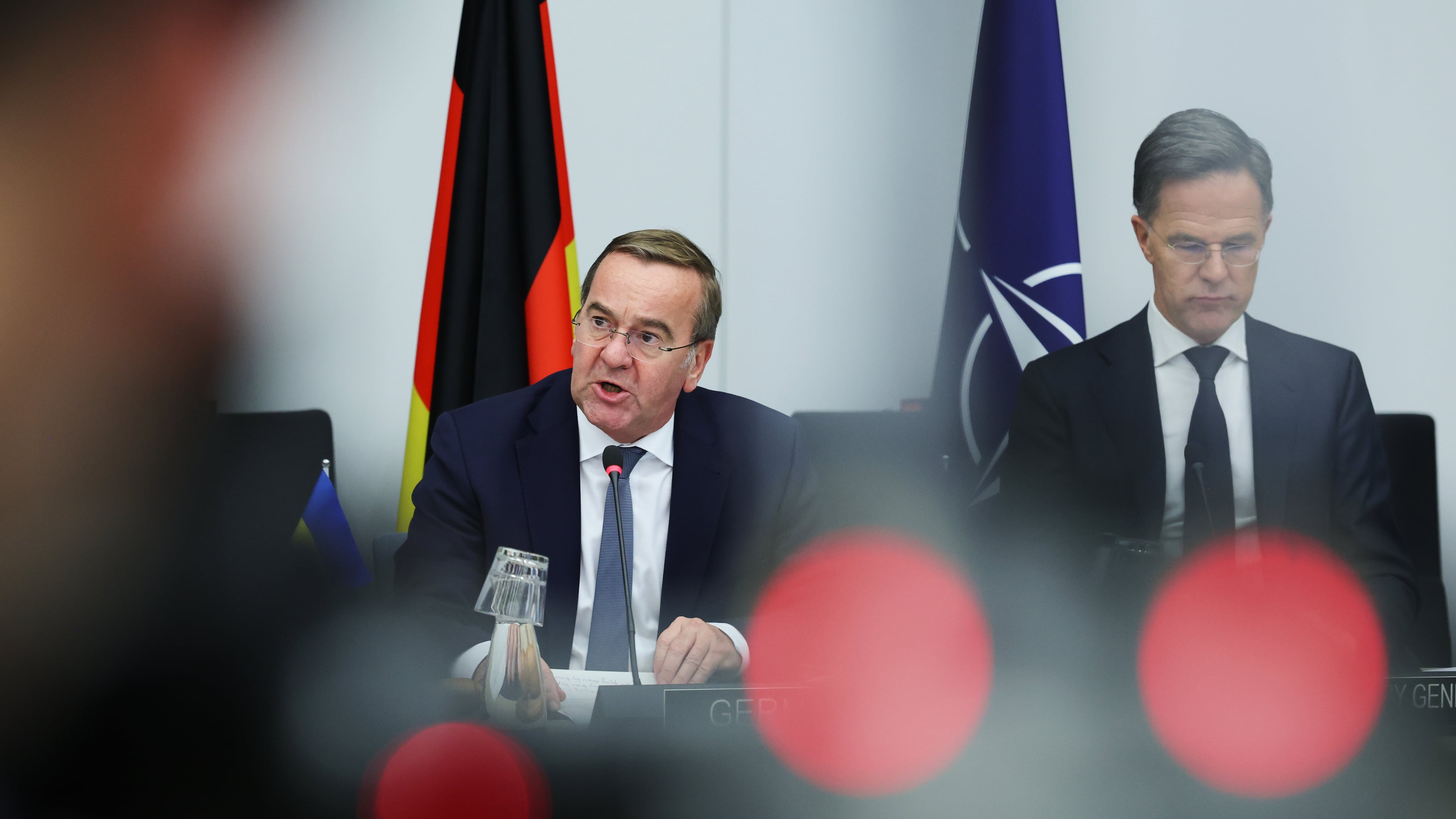 Germany's Defense Minister Boris Pistorius, left, addresses a meeting of the Ukraine Defense Contact Group at NATO headquarters in Brussels, Wednesday, Oct. 15, 2025 (AP Photo/Omar Havana)