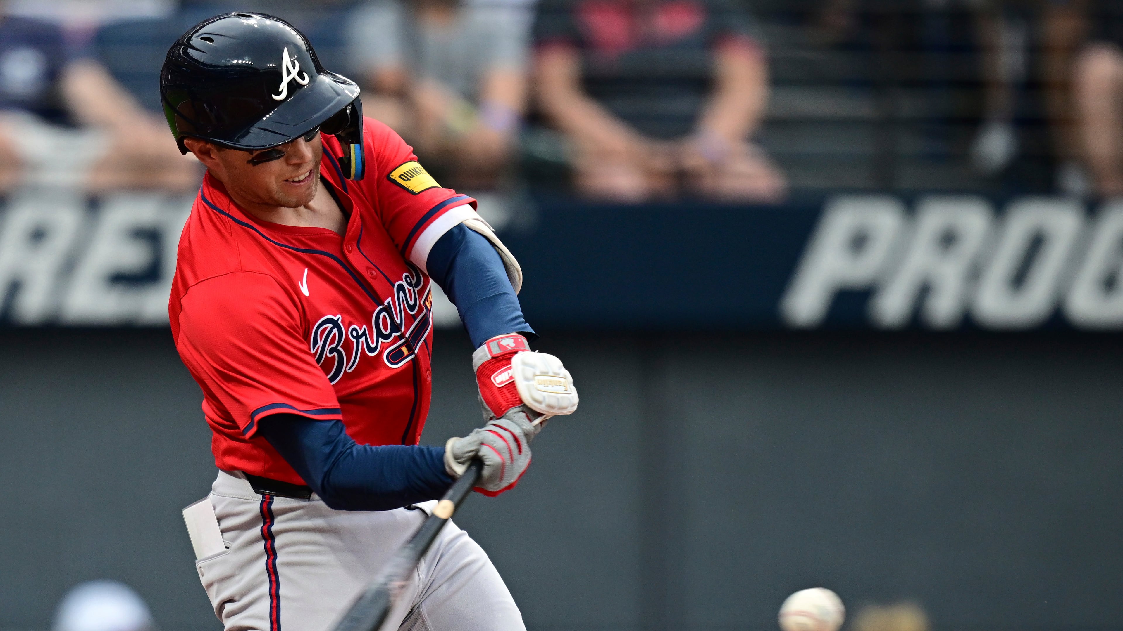 Atlanta Braves' Nick Allen hits a two-RBI double during the second inning of a baseball game against the Cleveland Guardians, Saturday, Aug. 16, 2025, in Cleveland. (AP Photo/David Dermer)