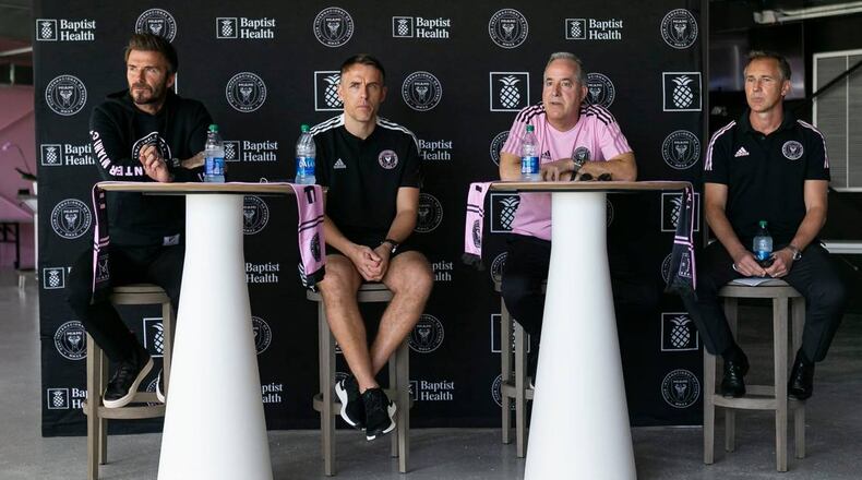 From left to right: David Beckham, Phil Neville, Jorge Mas and Chris Henderson speak to the press during an Inter Miami preseason event at Inter Miami CF Stadium in Fort Lauderdale on Saturday, February 27, 2021. (Matias J. Ocner/Miami Herald/TNS)