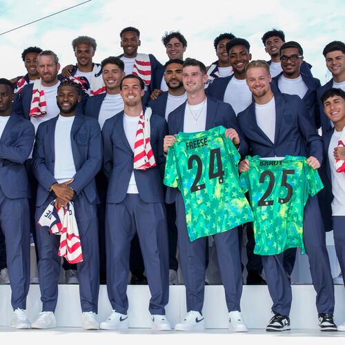 United States men's national soccer team pose after announcement of the team's roster, Tuesday, May 26, 2026, in New York, ahead of the FIFA World Cup soccer tournament. (AP Photo/Eduardo Munoz Alvarez)
