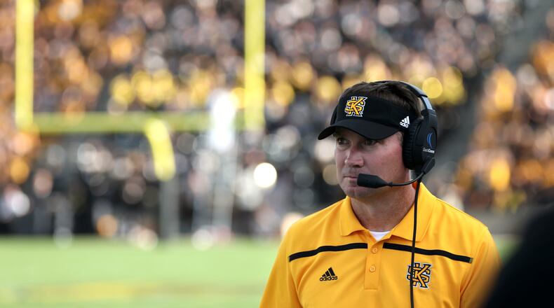 Kennesaw State University head coach Brian Bohannon is shown on the sideline in the third quarter of their game against Edward Waters at Fifth Third Bank Stadium, Saturday, September 12, 2015, in Kennesaw, Ga.. KSU won 58-7. This is the first home game of KSU’s inaugural football season. PHOTO / JASON GETZ