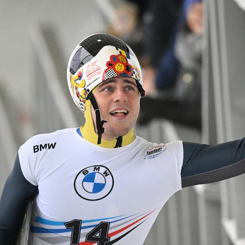 FILE - Vladyslav Heraskevych, of Ukraine, during the second run of the men's skeleton World Cup race, Dec. 16, 2022, in Lake Placid, N.Y. (AP Photo/Hans Pennink, File)