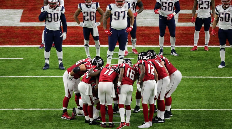 The Atlanta Falcons huddle before a scoring play against the New England Patriots in the Super Bowl Sunday, Feb. 5, 2017, NRG Stadium in Houston.