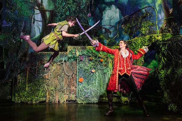 Kruz Maldonado as Peter Pan and Cody Garcia as Captain Hook star in the Broadway in Atlanta production of “Peter Pan” at the Fox Theatre. (Courtesy of Evan Zimmerman)