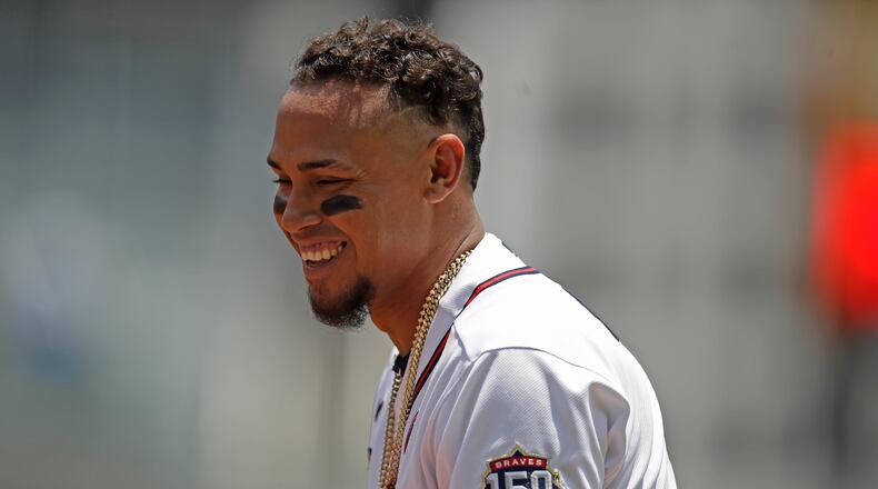 Atlanta Braves' Orlando Arcia smiles during a baseball game against the Miami Marlins Saturday, July 3, 2021, in Atlanta. (AP Photo/Ben Margot)