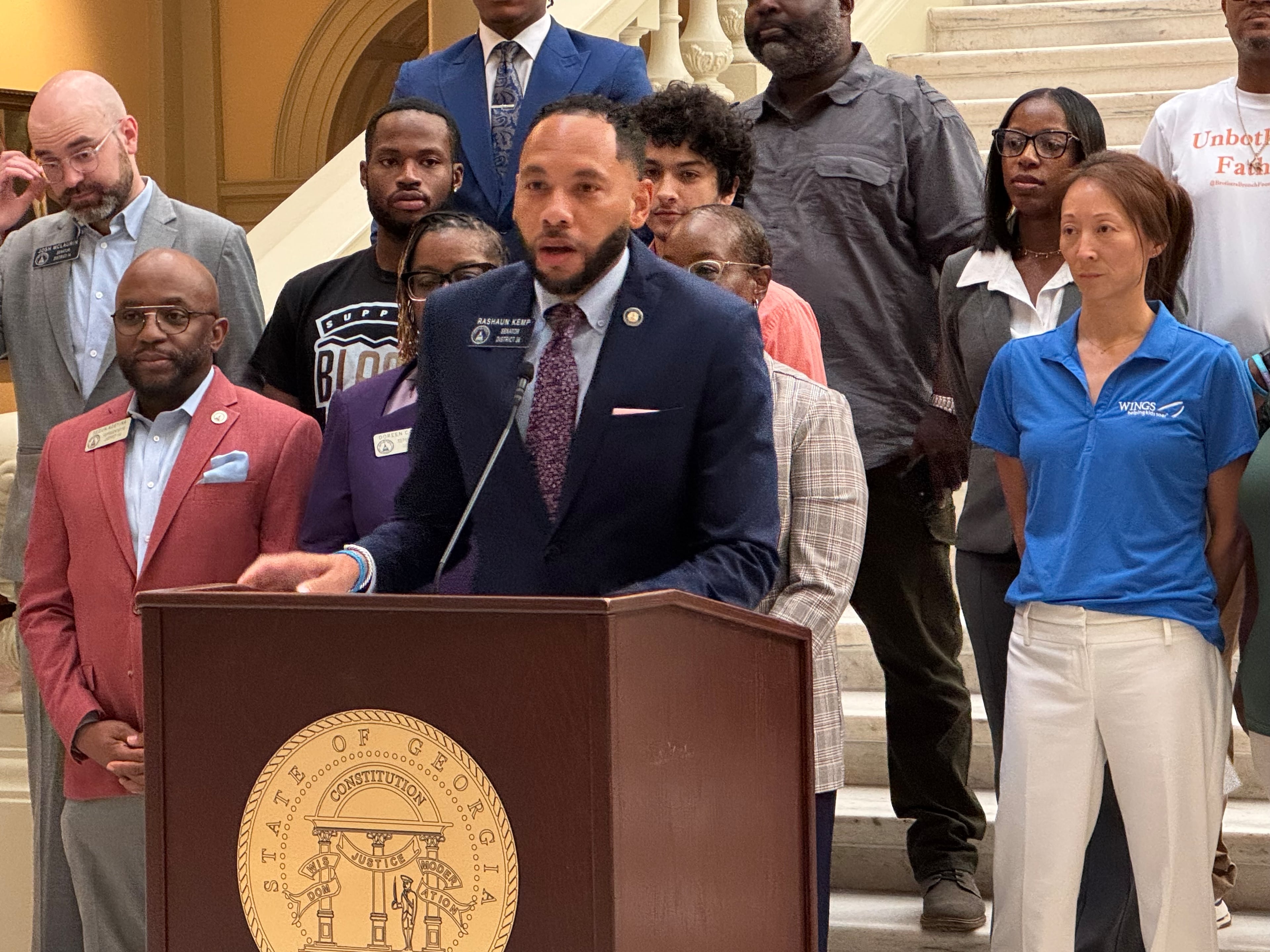 State Sen. RaShaun Kemp, D-Atlanta, spoke at a news conference at the Capitol in Atlanta on Monday.