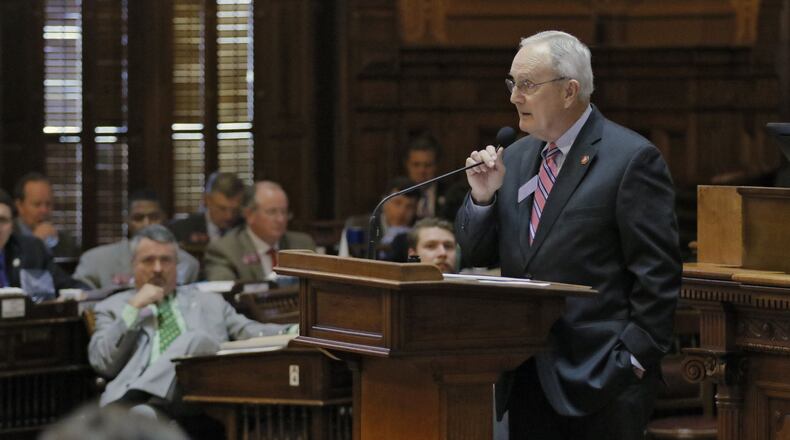 Feb. 23 2017 - Atlanta - House Rules Committee Chairman John Meadows, R-Calhoun, speaks from the House well in support of a bill to create new regulations for fracking. Legislation approved in the state House on Thursday would create Georgia’s first new fracking regulations in a generation. The 23nd day of the 2017 Georgia General Assembly. BOB ANDRES /BANDRES@AJC.COM