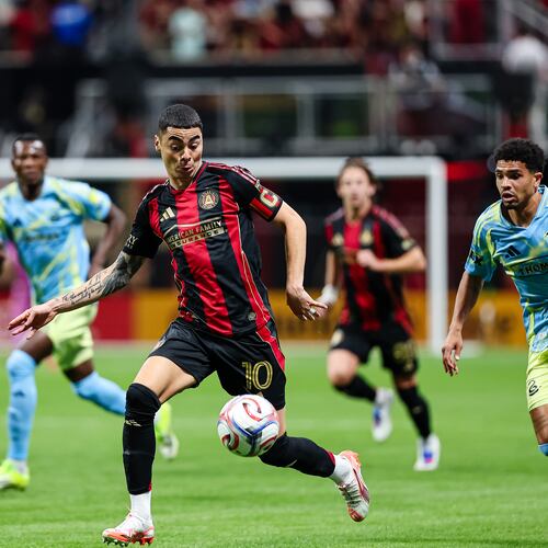 Atlanta United midfielder handles the ball
during the match against Philadelphia Union at Mercedes-Benz Stadium March 14, 2026. Atlanta United won its first match of the season, defeating Philadelphia 3-1. (Photo by Bee Trofort-Wilson/Atlanta United)