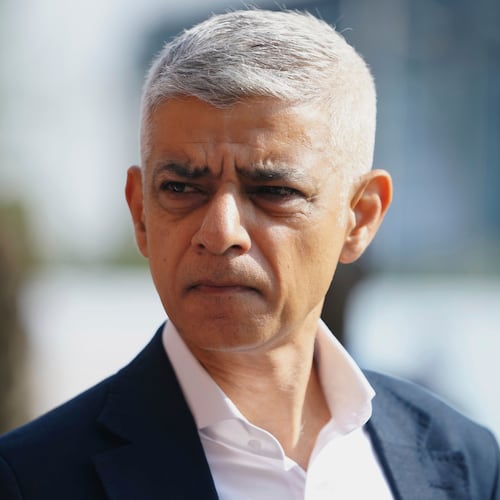 FILE - Mayor of London Sadiq Khan attends a tech event at the John Randle Centre in Lagos, Nigeria, July 15, 2025. (AP Photo/Sunday Alamba, File)