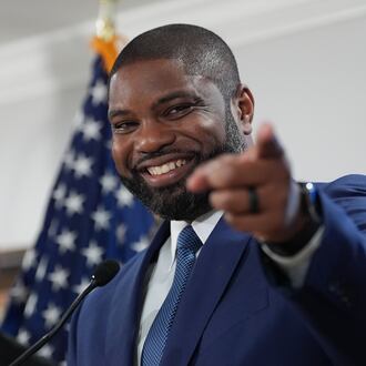 Florida Republican congressman and gubernatorial candidate Byron Donalds addresses members of the Hispanic Police Officers Association in Doral, Fla., after receiving the group's endorsement, Thursday, Aug. 6, 2026, (AP Photo/Rebecca Blackwell)